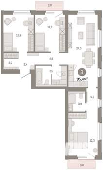 3-к квартира, вторичка, 95м2, 6/9 этаж