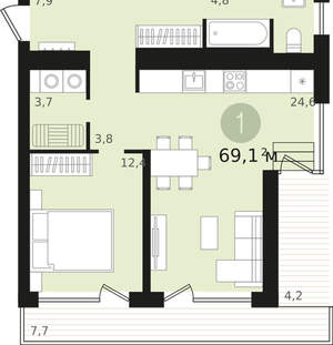 1-к квартира, сданный дом, 57м2, 11/18 этаж