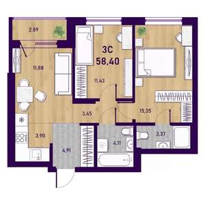 3-к квартира, вторичка, 58м2, 1/23 этаж