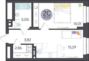 2-к квартира, строящийся дом, 41м2, 1/27 этаж