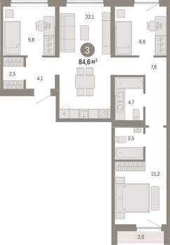 3-к квартира, вторичка, 85м2, 5/15 этаж