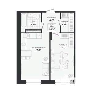 2-к квартира, строящийся дом, 45м2, 8/9 этаж