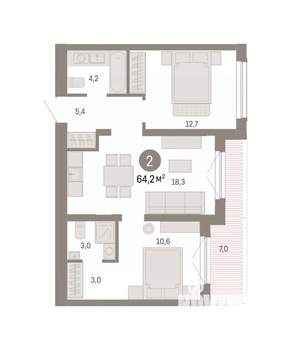 2-к квартира, вторичка, 64м2, 7/8 этаж