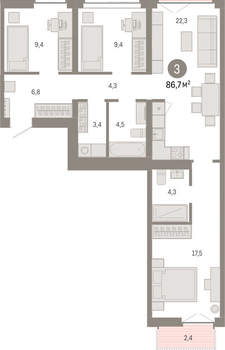 3-к квартира, вторичка, 87м2, 4/23 этаж