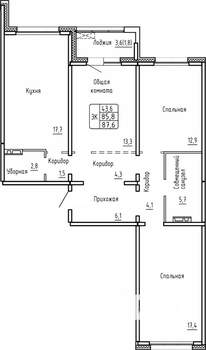 3-к квартира, вторичка, 88м2, 7/17 этаж