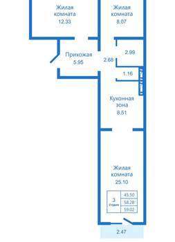 3-к квартира, вторичка, 59м2, 2/10 этаж