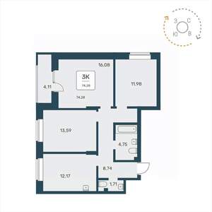 3-к квартира, вторичка, 74м2, 23/25 этаж