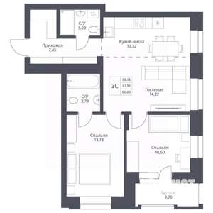 3-к квартира, вторичка, 67м2, 14/24 этаж