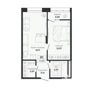 2-к квартира, строящийся дом, 39м2, 9/9 этаж