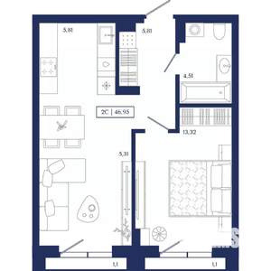 2-к квартира, вторичка, 47м2, 4/13 этаж