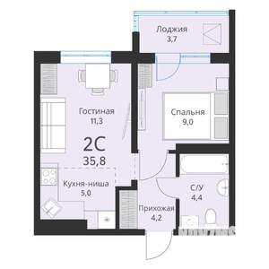 2-к квартира, вторичка, 36м2, 9/16 этаж