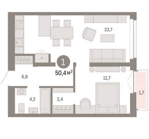 1-к квартира, вторичка, 50м2, 7/23 этаж