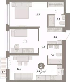 2-к квартира, вторичка, 67м2, 9/23 этаж