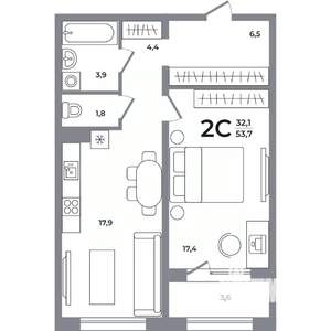 2-к квартира, вторичка, 54м2, 3/17 этаж
