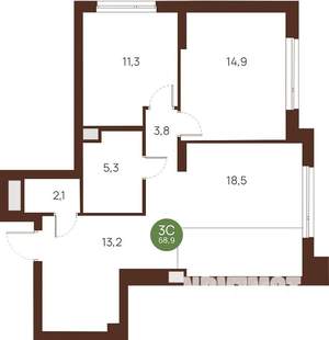 2-к квартира, строящийся дом, 69м2, 8/27 этаж