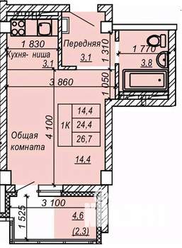 1-к квартира, строящийся дом, 27м2, 6/9 этаж