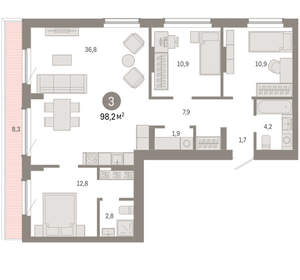 3-к квартира, вторичка, 98м2, 8/12 этаж