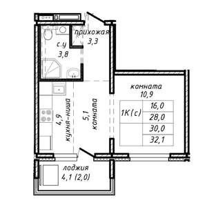 1-к квартира, строящийся дом, 30м2, 16/17 этаж