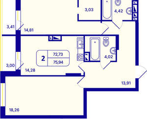 2-к квартира, вторичка, 76м2, 13/26 этаж