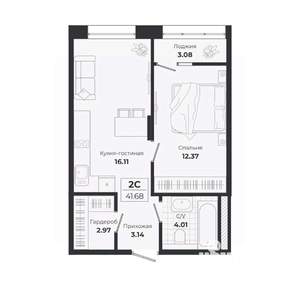 2-к квартира, строящийся дом, 39м2, 8/9 этаж