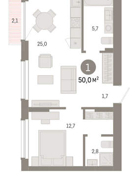 1-к квартира, вторичка, 50м2, 9/12 этаж