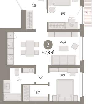 2-к квартира, вторичка, 63м2, 4/12 этаж