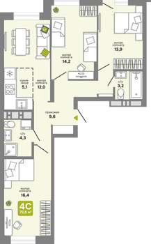 4-к квартира, строящийся дом, 80м2, 23/25 этаж