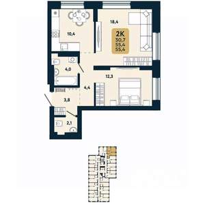 2-к квартира, вторичка, 55м2, 14/25 этаж