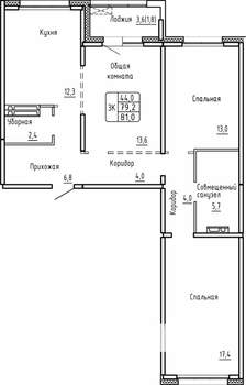 3-к квартира, строящийся дом, 81м2, 13/17 этаж
