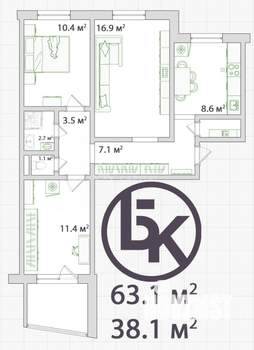 3-к квартира, вторичка, 63м2, 8/9 этаж