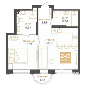 2-к квартира, строящийся дом, 55м2, 15/24 этаж