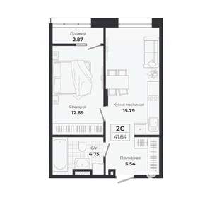 2-к квартира, строящийся дом, 39м2, 3/9 этаж