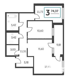 3-к квартира, вторичка, 74м2, 4/17 этаж