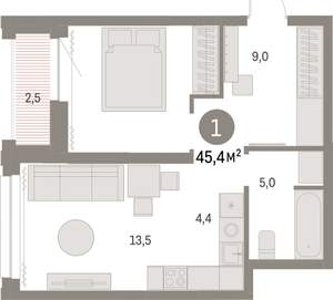 1-к квартира, вторичка, 45м2, 26/30 этаж