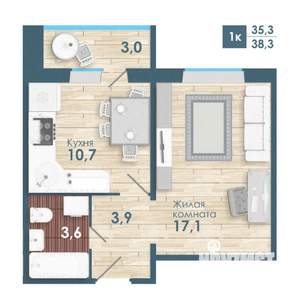 1-к квартира, строящийся дом, 38м2, 9/18 этаж