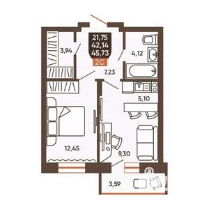 2-к квартира, вторичка, 46м2, 13/19 этаж