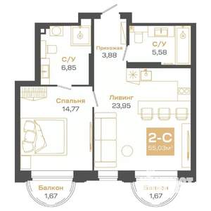 2-к квартира, строящийся дом, 55м2, 4/24 этаж