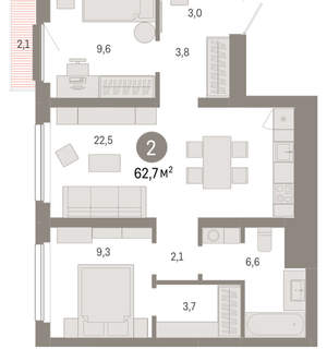 2-к квартира, вторичка, 63м2, 5/12 этаж