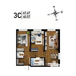 3-к квартира, строящийся дом, 68м2, 1/17 этаж