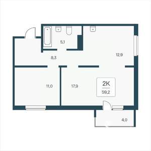 2-к квартира, вторичка, 59м2, 17/17 этаж