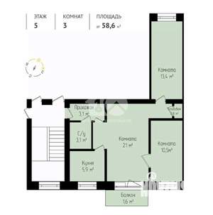 3-к квартира, вторичка, 59м2, 5/5 этаж