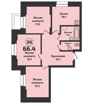 3-к квартира, вторичка, 66м2, 1/16 этаж