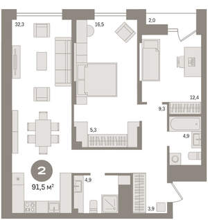 2-к квартира, вторичка, 91м2, 10/18 этаж