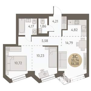 3-к квартира, вторичка, 56м2, 24/31 этаж