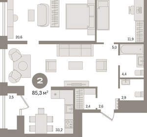 2-к квартира, вторичка, 85м2, 25/30 этаж