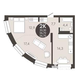 2-к квартира, сданный дом, 57м2, 14/18 этаж