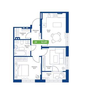 2-к квартира, вторичка, 53м2, 12/22 этаж