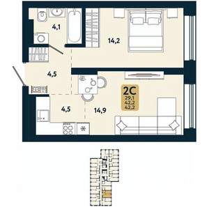 2-к квартира, вторичка, 42м2, 19/25 этаж
