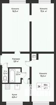 3-к квартира, вторичка, 59м2, 1/5 этаж