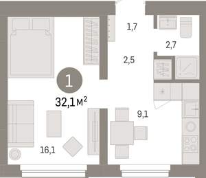 1-к квартира, вторичка, 32м2, 8/12 этаж